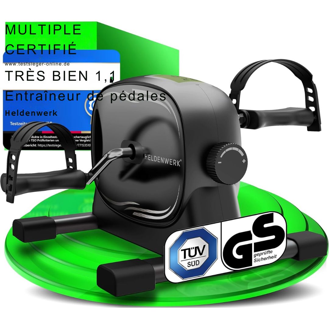 Pédalier HELDENWERK - 40x35x30 cm - Acier et plastique - Sangle de fixation et tapis antidérapant inclus - Entraînement des bras et des jambes pour la maison - Vélo d'exercice idéal pour les personnes âgées - HW-PT-100 - noir