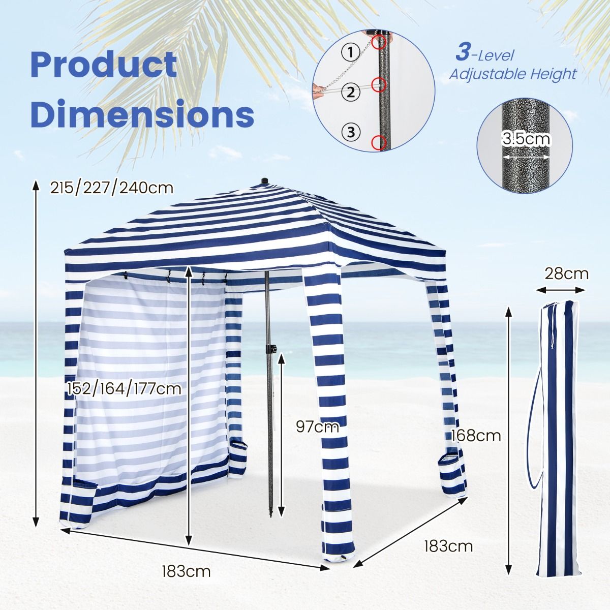 Tente de plage pliable Coast - Avec sac de transport - Paroi latérale amovible - 183 x 183 x 215-240 cm - Bleu avec blanc