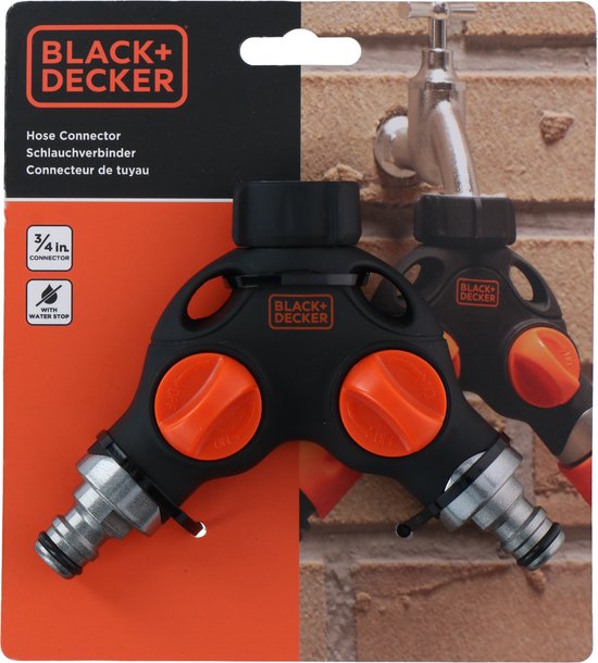 BLACK+DECKER Pièce de robinetterie - Connecteur 3/4 pouce - Stop eau - Séparateur 2 voies - Noir/Orange