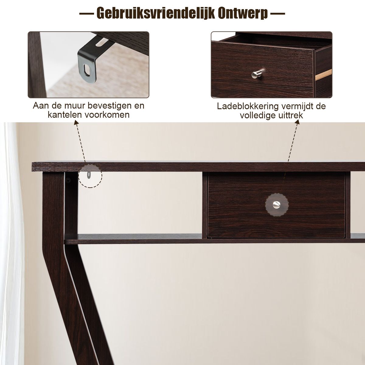 Table console Coast - 3 niveaux - Avec tiroir - MDF - 120 x 30 x 81 cm - Brun