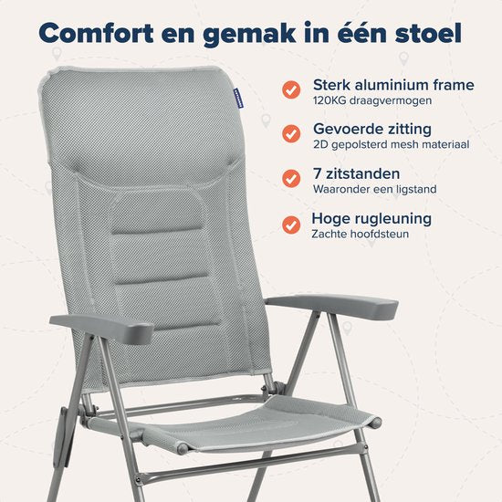 TRVLMORE Chaise de camping - 7 positions - Chaise de camping confortable - Capacité de charge de 120 kg - Position allongée - Chaise pliante - Chaise pliante - Gris