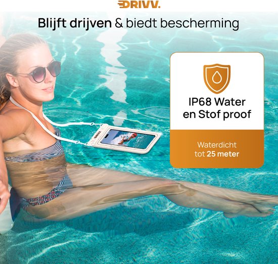 Drivv. Étui de protection étanche de luxe pour téléphone – Flottant – Double fermeture à clip – Téléphones jusqu'à 6,8 pouces – Étui de protection sous-marin pour téléphone – Beige