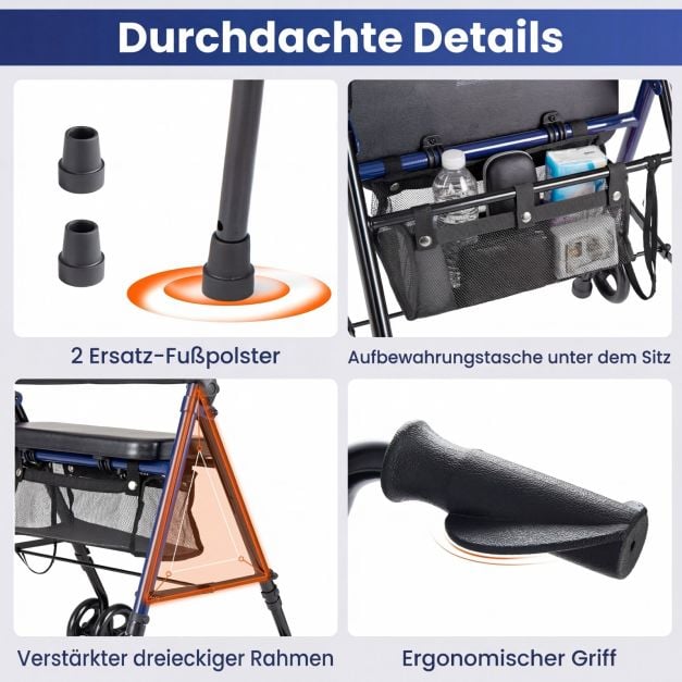 Déambulateur Coast bleu/noir - Déambulateur pliable avec siège, sac et hauteur réglable - 59 x 64 x 75,5-93 cm
