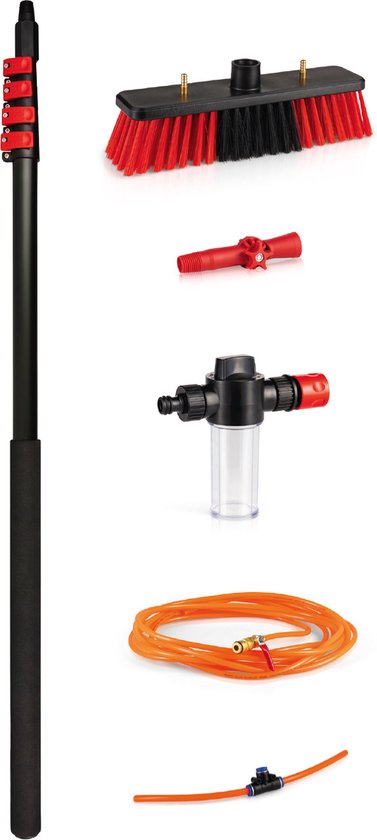 Brosse à laver télescopique Shine / Brosse à eau extensible XXL jusqu'à 7 mètres - Manche télescopique 5 pièces avec distributeur de savon - Ergonomique - Rouge/Noir