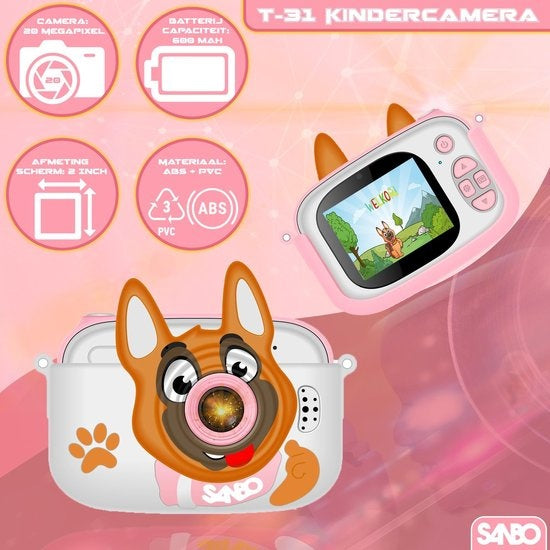 Sanbo Kindercamera - Nederlandstalig - Selfiecamera - Incl. 32Gb Sd-Kaart en Reader – Fototoestel Kinderen – Vloggen - Speelcamera - Digitaal