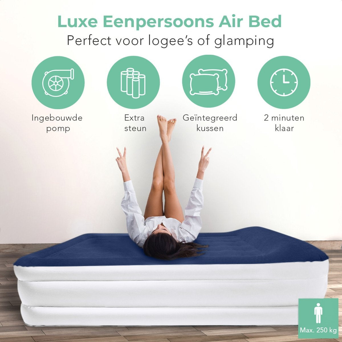 LifeGoods Airbed - 1 personne - avec pompe intégrée - sac de transport et kit de réparation inclus - blanc/bleu