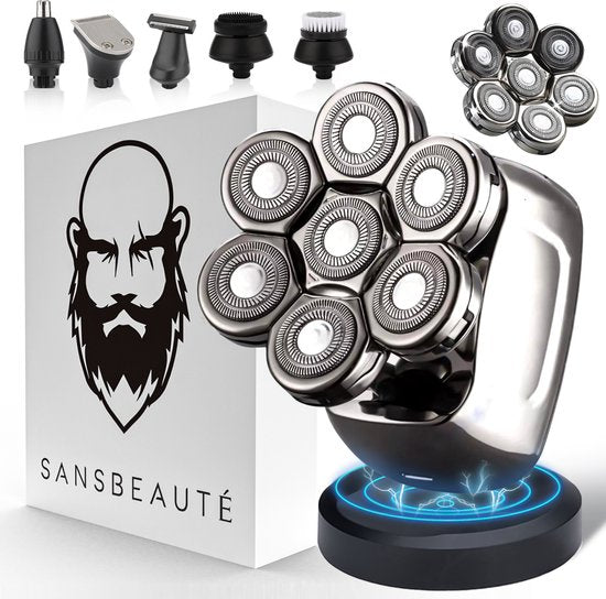 Rasoir pour homme 6-en-1 + tête de rasage supplémentaire - Tondeuse - Tondeuse - Sansbeauté® SkullSharp PRO - Wet & Dry - Rasage du visage et de la tête - Rasage de la tête - Rasoir de crâne - Chargement sans fil - Accessoires