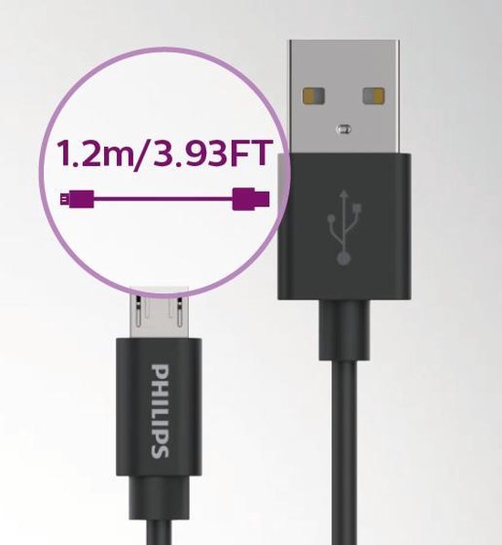 PHILIPS - Câble USB-A vers Micro USB - DLC21030U - Câble de 1,2 mètre - Câble de rechange - Noir