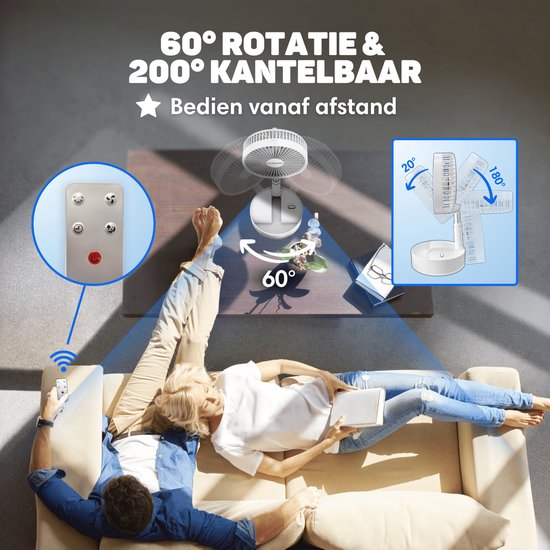 Vulpes Goods® Tech - Ventilateur sans fil sur trépied avec télécommande - 4en1 - Rechargeable et réglable - Silencieux - 12dB - Minuteur - Ventilateur de table, ventilateur sur trépied, ventilateur de sol, ventilateur USB - Version PRO