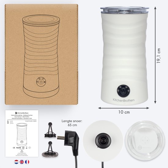 KitchenBrothers Mousseur à lait électrique - 4 en 1 - Fouet à lait - 240 ML - Mousseur à lait pratique - Blanc