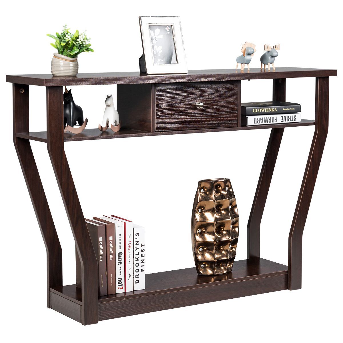 Table console Coast - 3 niveaux - Avec tiroir - MDF - 120 x 30 x 81 cm - Brun