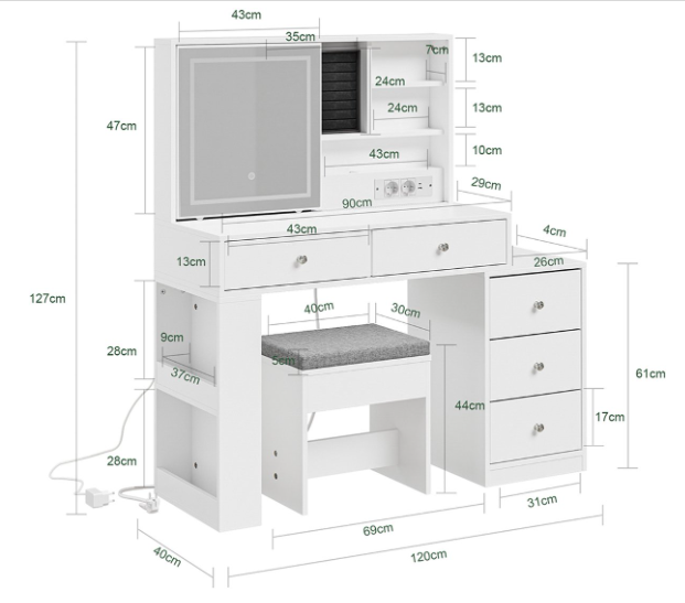 Bureau SoBuy avec miroir LED 120 x 40 x 127 cm - Blanc - 5 tiroirs - 1 porte