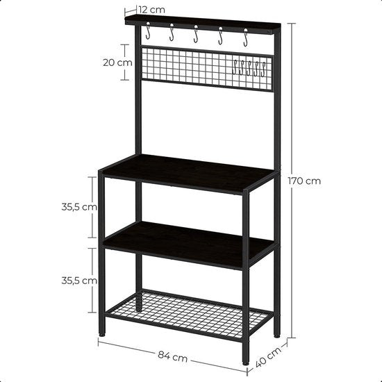 Goliving Armoire de cuisine - Étagère de cuisine verticale - Armoire à micro-ondes - Organisateur - Métal - Bois - 84 x 40 x 170 cm - Noir