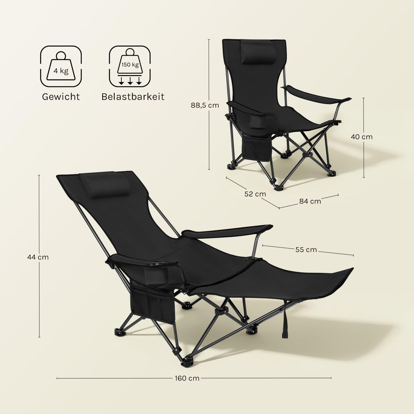 Lot de 2 chaises de camping WOLTU 2-en-1 - chaise de pêche pliable avec repose-pieds - porte-gobelet - gris, noir, bleu