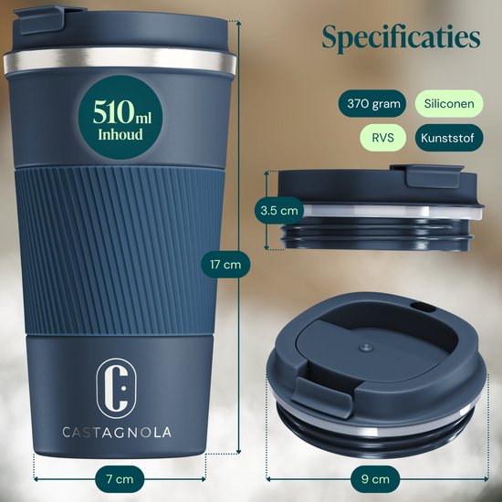 Mug isotherme Castagnola - Mug à café à emporter - Mug de voyage pour café et thé - Mug à thé - 510 ml - Acier inoxydable - Bleu foncé