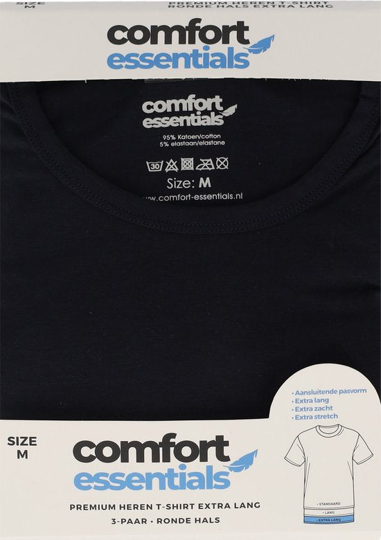 Comfort Essentials - T-shirts pour homme - Extra longs - Bleu marine L - Lot de 3 - Col rond - Sous-vêtements pour homme