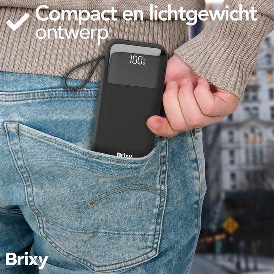 Brixy Powerbank - 20 000 mAh - Chargement rapide 22,5 W - Affichage LED - USB-A/USB-C - Pour iPhone et Samsung, entre autres - Noir
