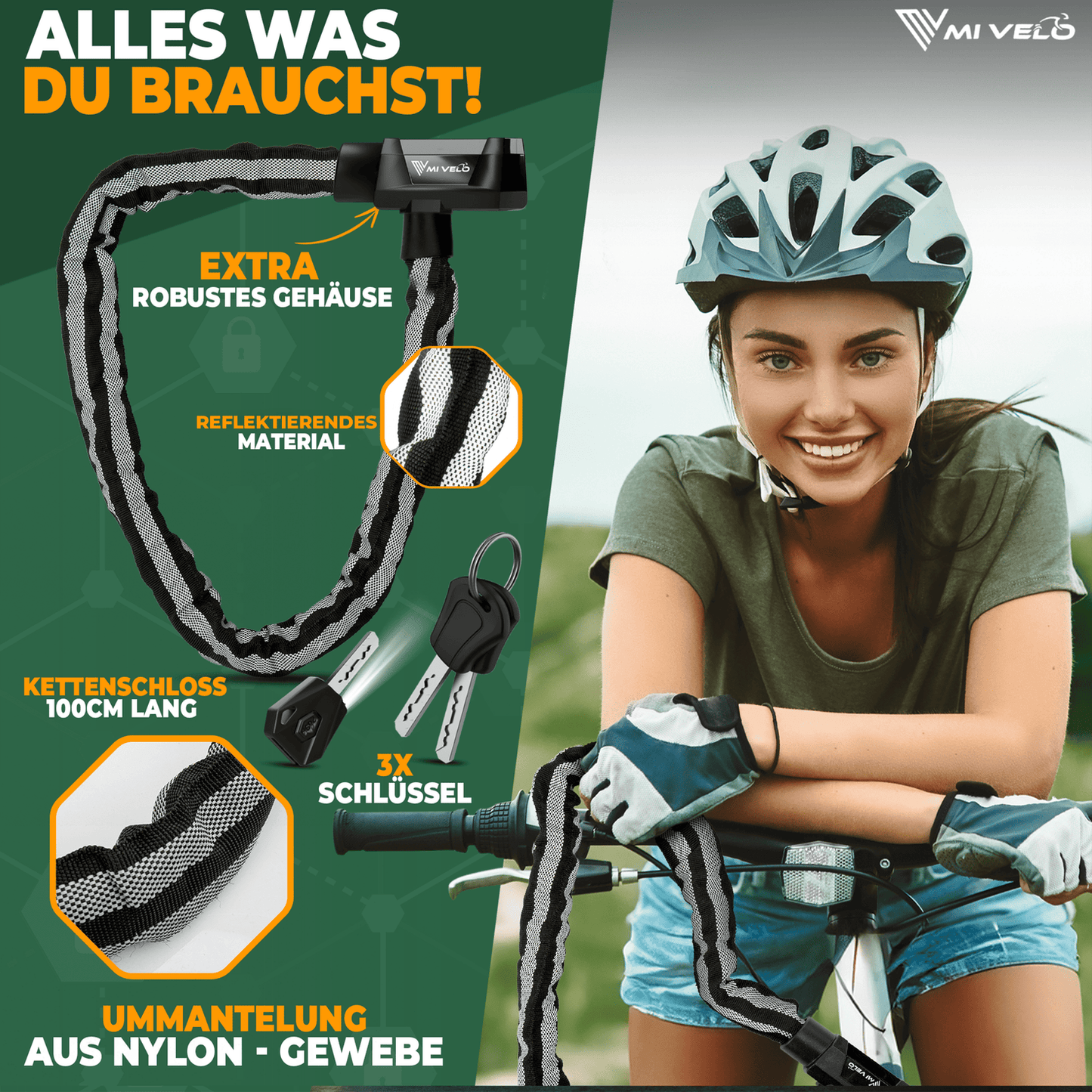 MIVELO Cadenas pour vélos - Avec serrure à clé et LED - 100 CM - acier inoxydable