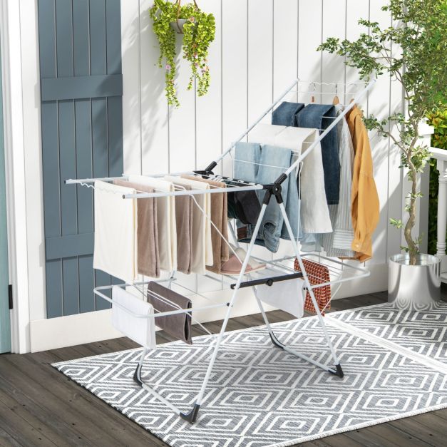 Porte-vêtements pliable avec 2 niveaux Ailes réglables en hauteur 33 rails de séchage et pinces à chaussettes Porte-vêtements autoportant pour l'intérieur et l'extérieur