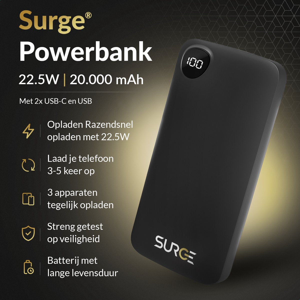 Surge Powerbank 20 000mAh - Chargeur rapide 22,5W - 2x USB-C & 1x USB-A - Affichage LED - Noir - 14,5 x 6,8 x 2,9 cm