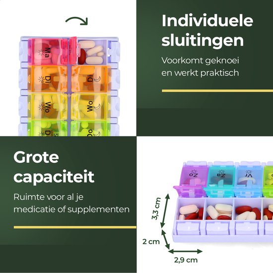 Boîte à pilules Gandria 7 jours - Boîte à pilules - Boîte à pilules avec 14 compartiments - Boîte à médicaments avec fermeture solide - Grands compartiments - Différentes couleurs