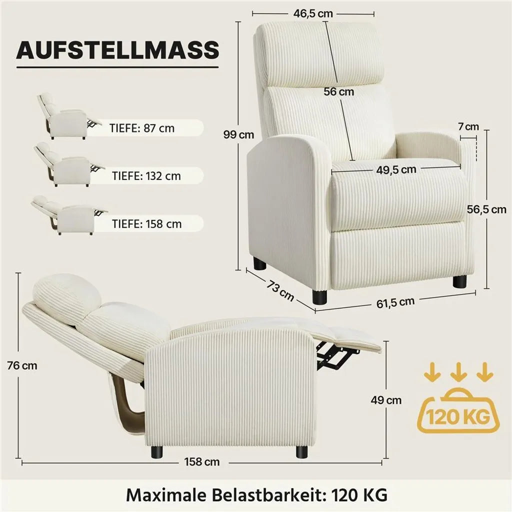 Fauteuil de détente Yaheetech en tissu cordé avec repose-pieds réglable - Beige - 61,5 x 87 x 99 cm - Poids max. : 120 kg