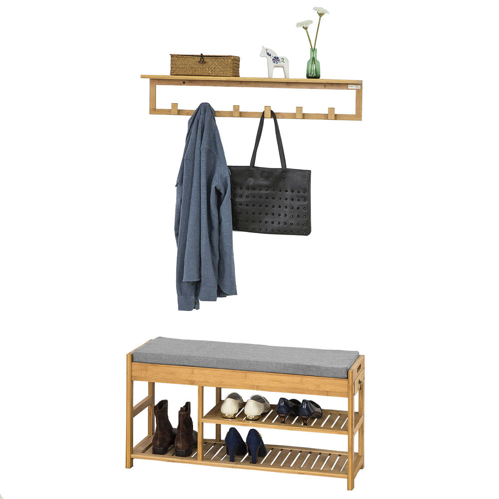 SoBuy FHK06-N Porte-manteau avec étagère murale - 6 crochets - 90x12,5x16,5 cm - Bambou