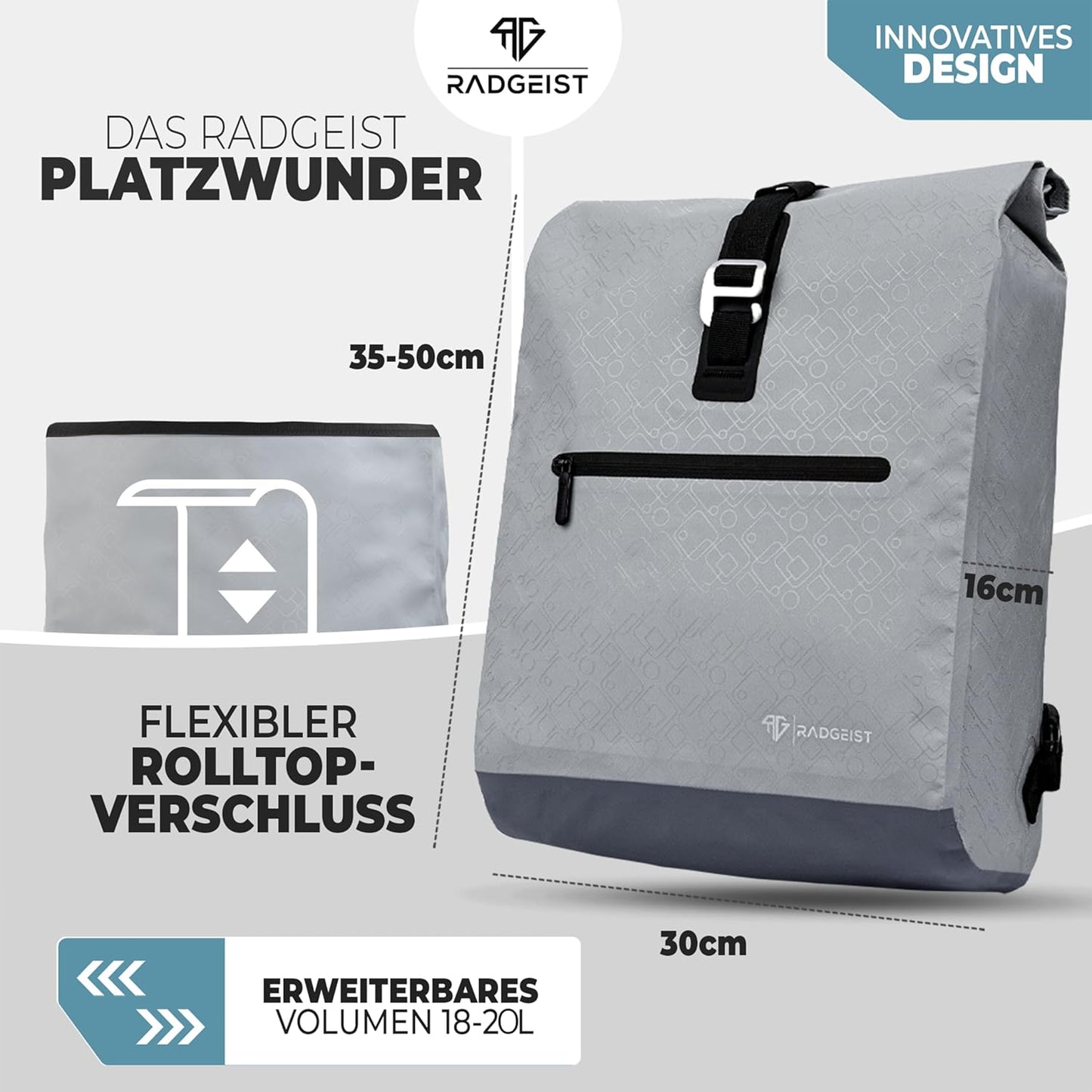 RADGEIST sac à vélo pour porteur I sac à vélo & sac à dos I sac à vélo pour femmes & hommes I sac à bandoulière & sac à vélo pour vélo 20L gris