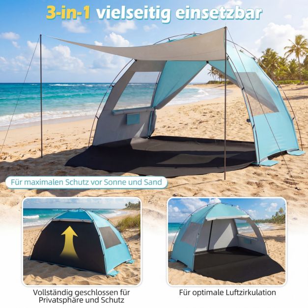Coast Strandtent 260 × 150 × 160 cm – Abri de plage avec auvent, protection UV UPF 50+, fenêtres en filet et sac de transport – Bleu