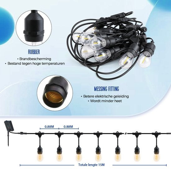 SHINE - Guirlande lumineuse d'extérieur - Guirlande lumineuse alimentée par l'énergie solaire - Cordon lumineux à leds solaires - Luminaires de fête - Guirlande lumineuse - Luminaires de jardin - Luminaires d'ambiance classiques - 15 mètres d'ampoules à l