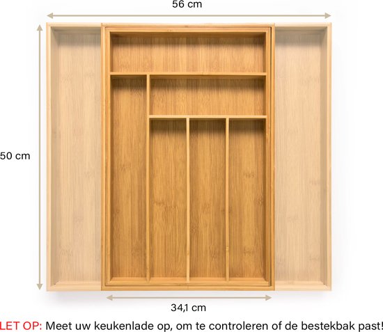 Budu Range-couverts extensible en bambou #50 (50 cm de profondeur) - Cassette à couverts en bois - Tiroir à couverts - 50 x 34.1 - 56 cm - 6/8 compartiments