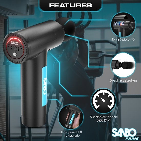 Sanbo Massage Gun Prime - Massage sportif et relaxant - Noir/Bleu - Professional- Includes Case & App - Appareil de massage - Pistolet de massage - Fitness
