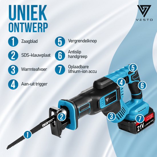 Vesto® Battery Reciprocating Saw - 21V Li-Ion - 2 batteries, lames de scie et étui inclus - course de 25 mm - pour bois, métal et plastique - système de changement rapide - sans fil