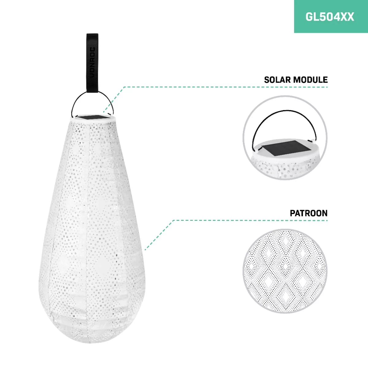 VONROC - Luna lanterne solaire Goutte à goutte avec LED - Blanc - Fait à la main - matériau résistant aux intempéries - 40x20 cm