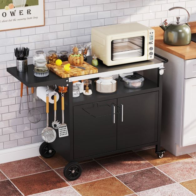 Coast Grill Trolley with Cupboard - Stainless Steel Worktop and Folding Side Table 127 x 50 x 84 cm - Black/Silver