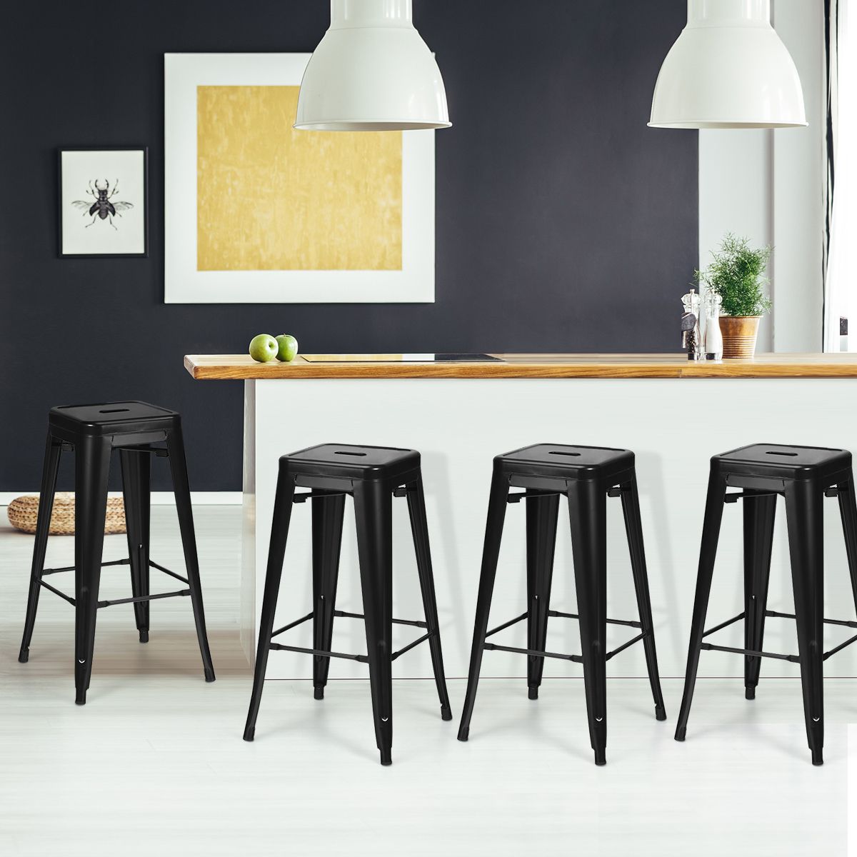 Coast Set de 4 tabourets de bar - Métal - Noir - Pieds antidérapants - 43 x 43 x 79 cm