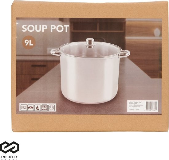 Infinity Goods Soup Pan - Couvercle en verre - 9L - 24 CM - Induction et gaz - Lavable au lave-vaisselle - Acier inoxydable