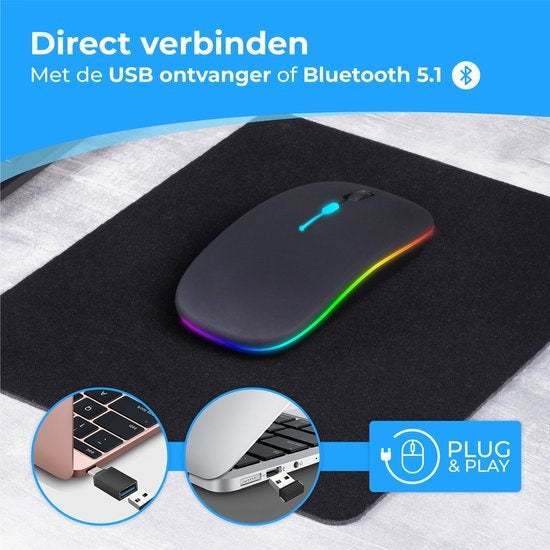 Nuvance - Souris sans fil Led Bluetooth - 3 modes Dpi et 7 couleurs Rgb - Boutons silencieux et batterie rechargeable - Pour ordinateur portable et jeux - Plastique noir