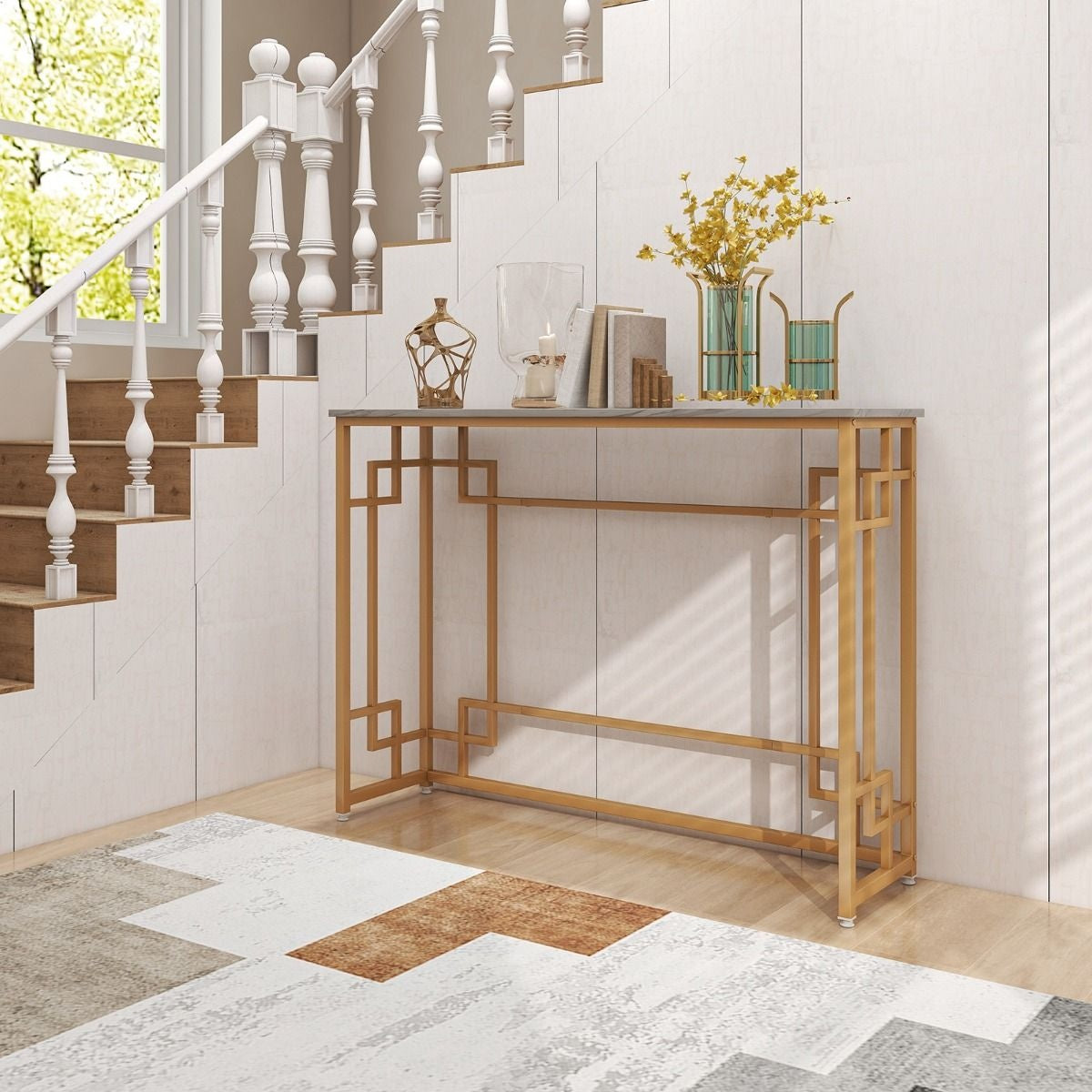 Table d'appoint Coast - Plateau blanc avec imitation de marbre - Cadre doré - 110 x 30 x 81 cm - MDF/Métal