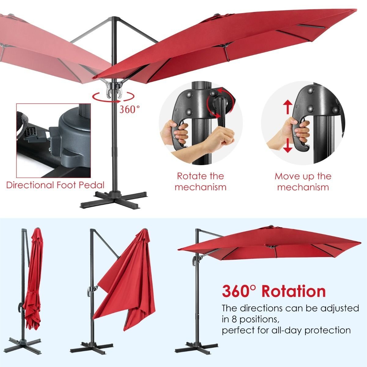 Parasol flottant Coast - Inclinable - 300 x 300 x 273 cm - Rouge vin