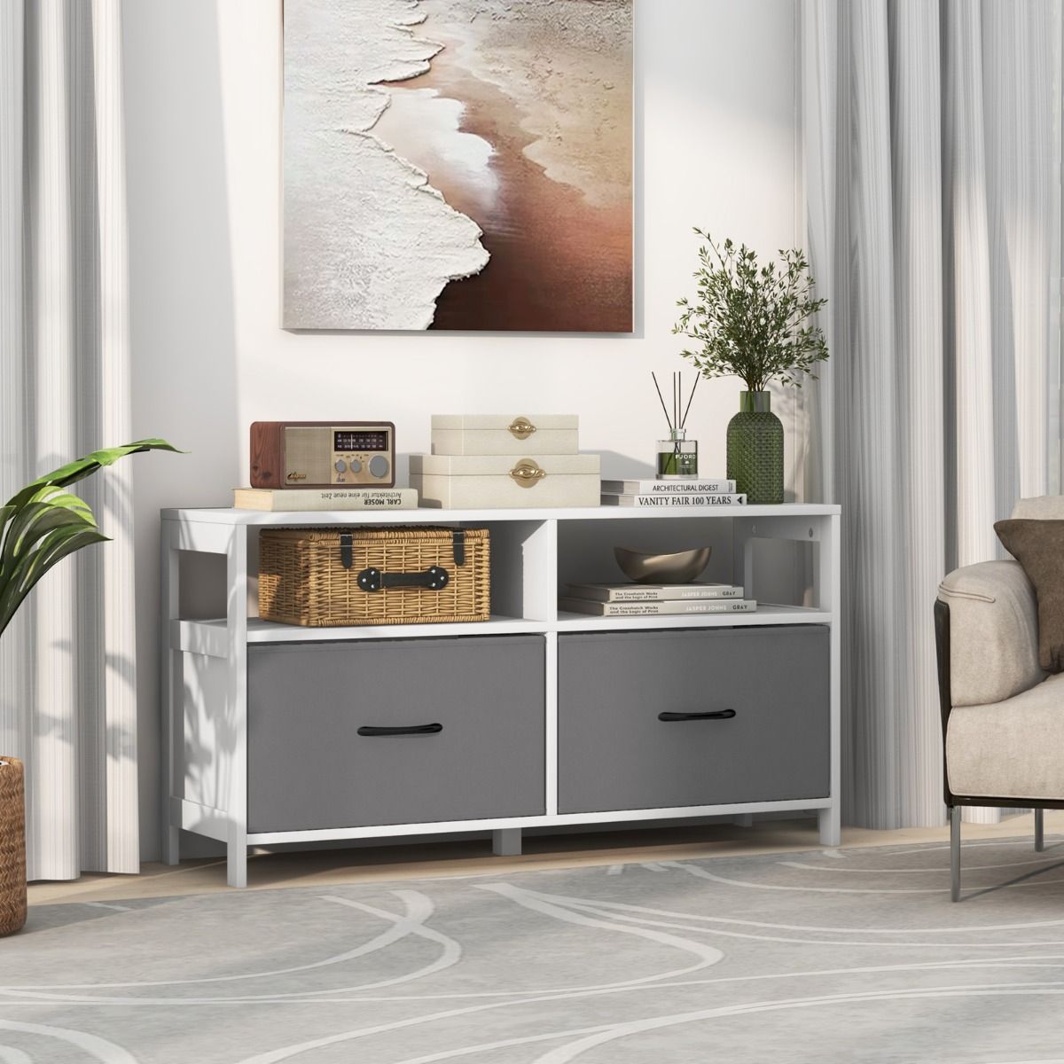 Meuble de rangement Coast - 2 tiroirs en tissu et 2 compartiments ouverts - 100 x 30 x 53 cm - MDF - Blanc