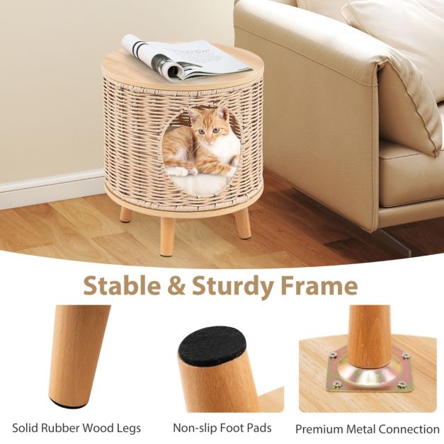 Maison pour chat Coast - Rotin - 36 x 41 cm - Coussin amovible - Pieds en bois - Lit pour chat - Meubles d'intérieur pour chat - Nature