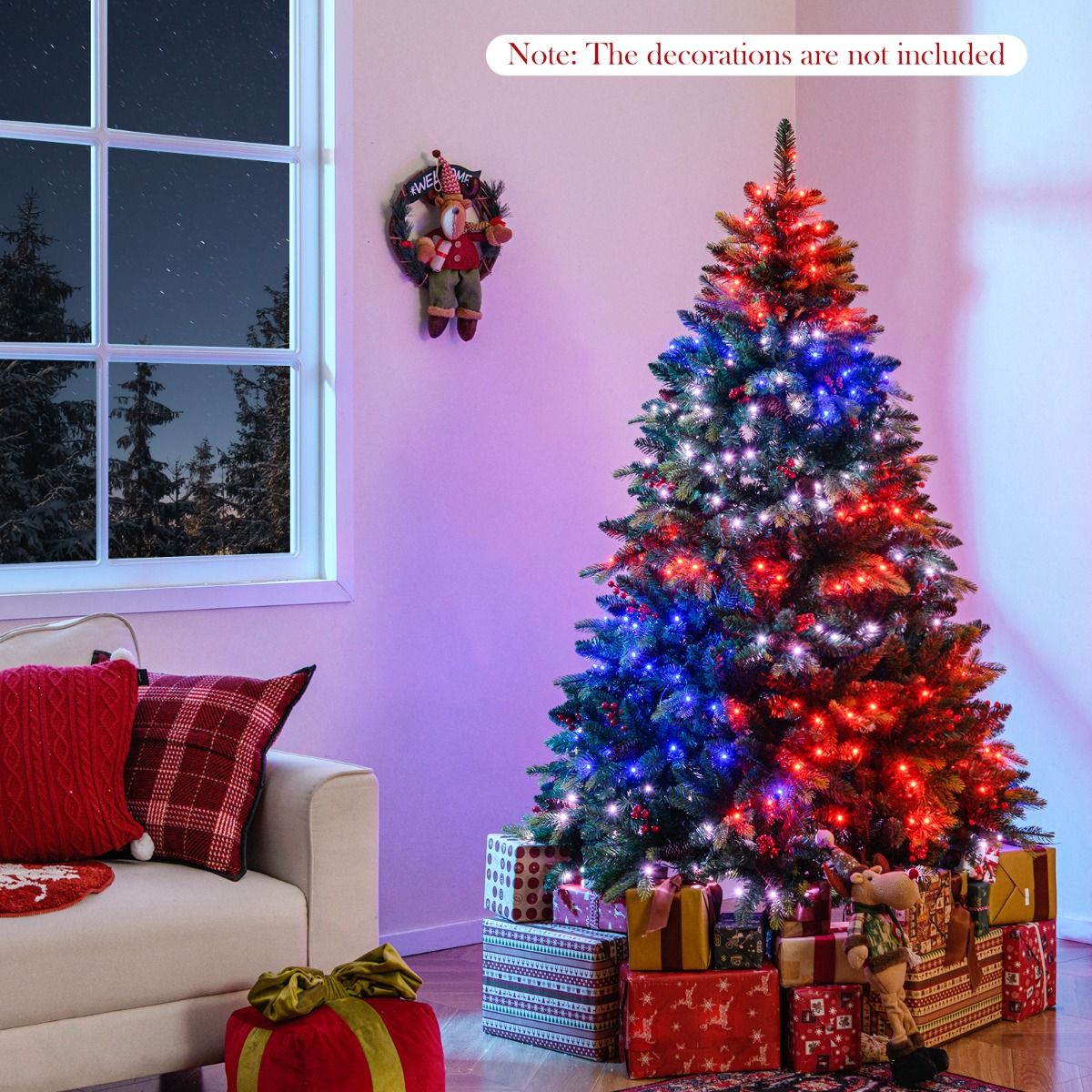 Coast 180 cm Arbre de Noël Artificiel Vert - Pré-éclairé avec 370 lumières RGB - Contrôlé par APP - Avec cônes et baies rouges