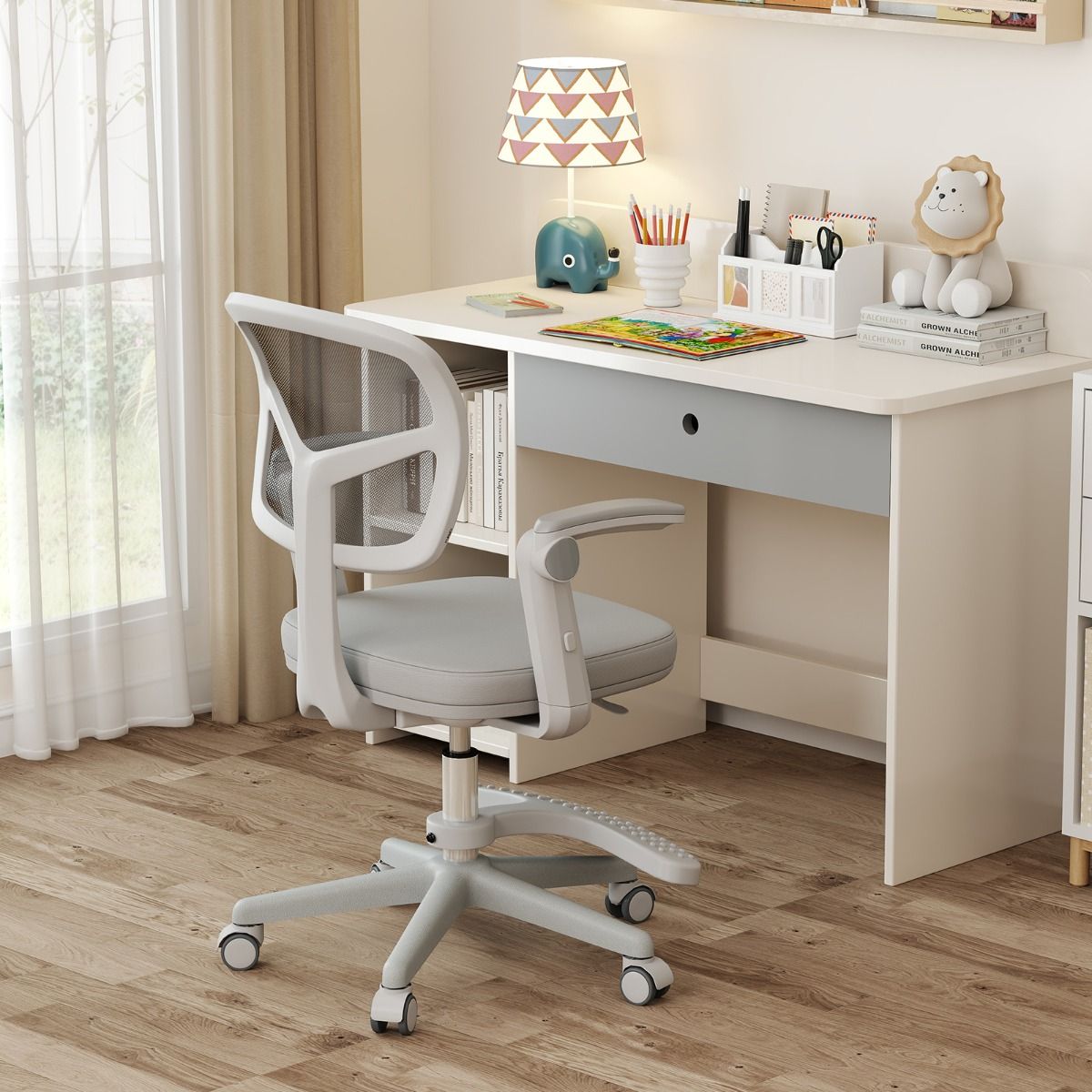 Chaise de bureau pour enfants Coast Ergonomiquement réglable avec roues et repose-pieds - Hauteur d'assise 41-52 cm - Gris - 57 x 55 x 80-91 cm