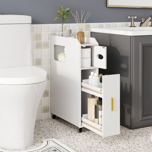 Coast Narrow Bathroom Cabinet - 16 cm Organizer with Drawer and Tissue Holder - 50 x 16 x 69 cm - White
