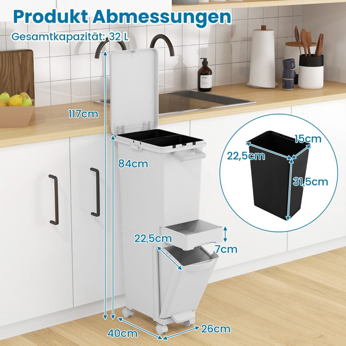 Coast 3-in-1 Waste Bin White - 36 x 25 x 84 cm - Avec plateau basculant, tiroir et roulettes