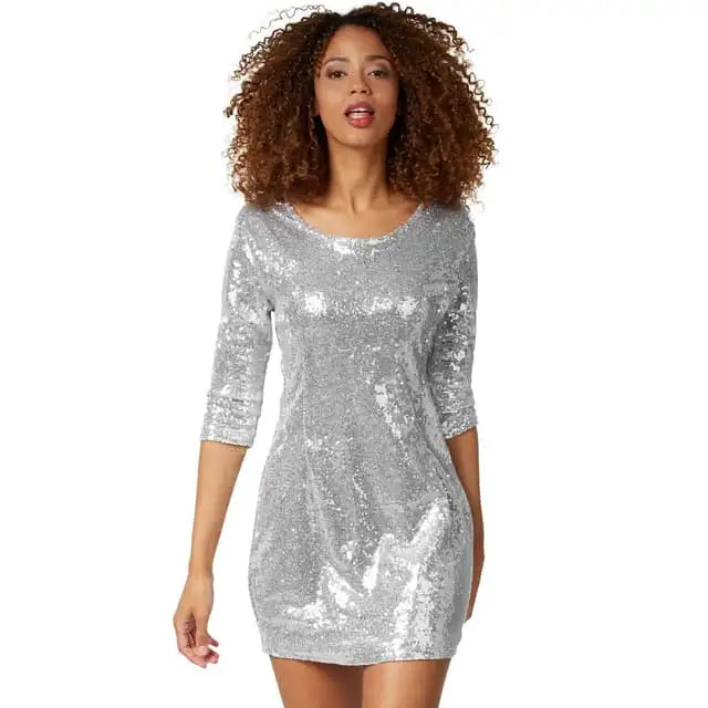 DressForFun Paillette Dress Glamour - avec des paillettes scintillantes, des manches trois quarts et une coupe élastique - pour le carnaval et les fêtes à thème - polyester argenté - taille XL