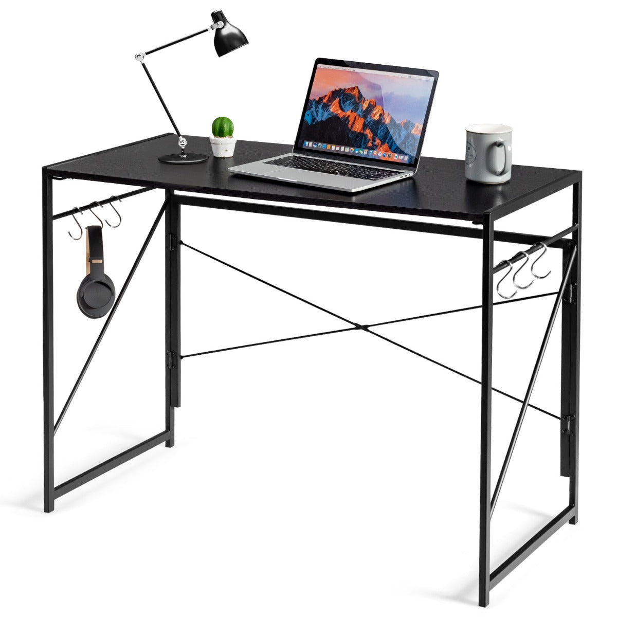 nfoldable Desk Folding Table with 6 Hooks and Metal Frame Computer Table Laptop Table Work Table 100 x 50 x 75 cm