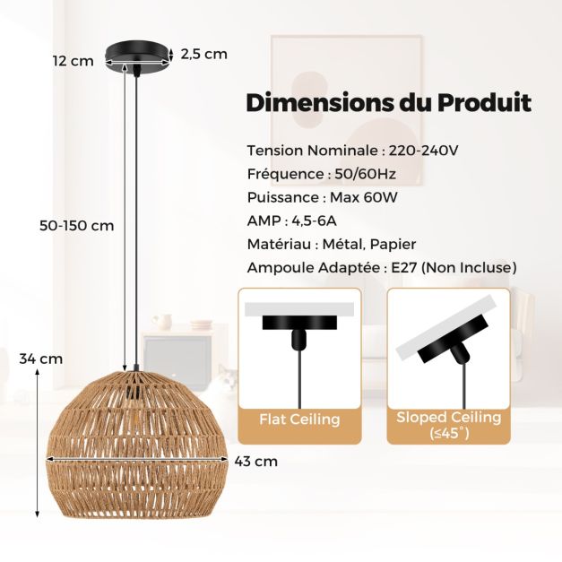 Lampe pendante Coast - Tissé - Papier - Osier - Bohème - Orientable - E27 - Plafonnier