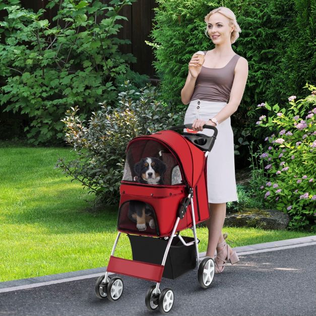 COAST Poussette pliable à 4 roues pour chiens et chats jusqu'à 15 kg avec filet, fenêtres, porte-bouteilles et remorques Rouge